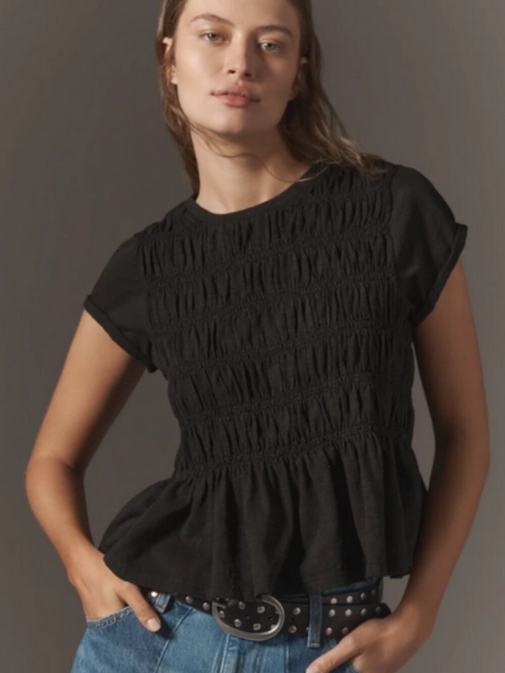 Anthropologie By Pilcro The Tabby Ruched Cap-Sleeve Tee Black XL